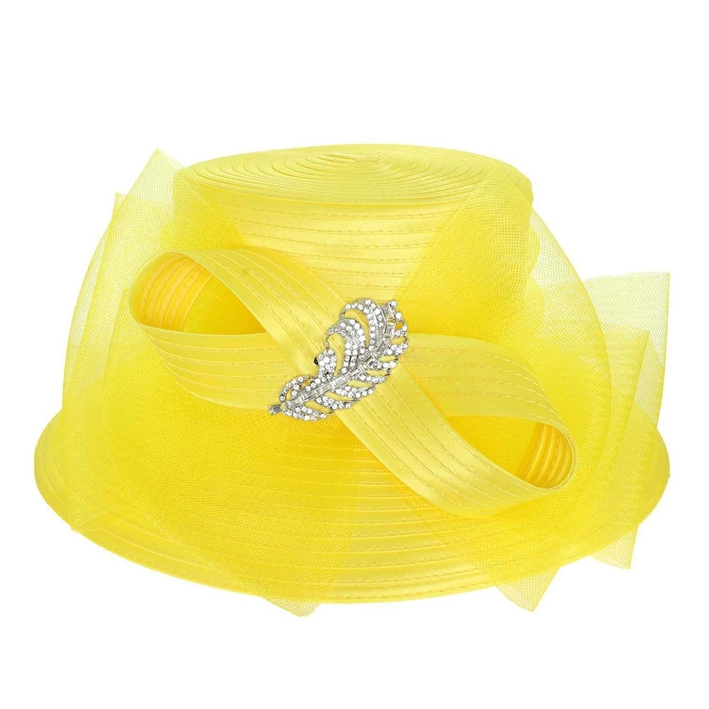 Yellow Rhinestone Feather Mesh Bow Organza Dressy Kentucky Derby Church Hat
